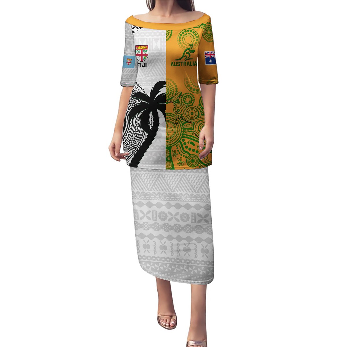 Fiji And Australia Rugby Puletasi 2023 World Cup Aboriginal Mix Tapa Pattern LT14 Long Dress Gold - Polynesian Pride