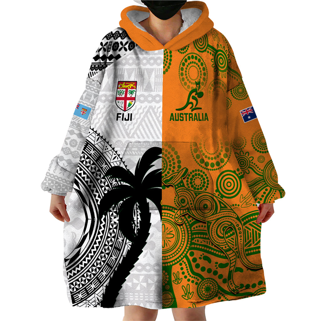 Fiji And Australia Rugby Wearable Blanket Hoodie 2023 World Cup Aboriginal Mix Tapa Pattern LT14 - Polynesian Pride