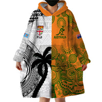 Fiji And Australia Rugby Wearable Blanket Hoodie 2023 World Cup Aboriginal Mix Tapa Pattern LT14 - Polynesian Pride