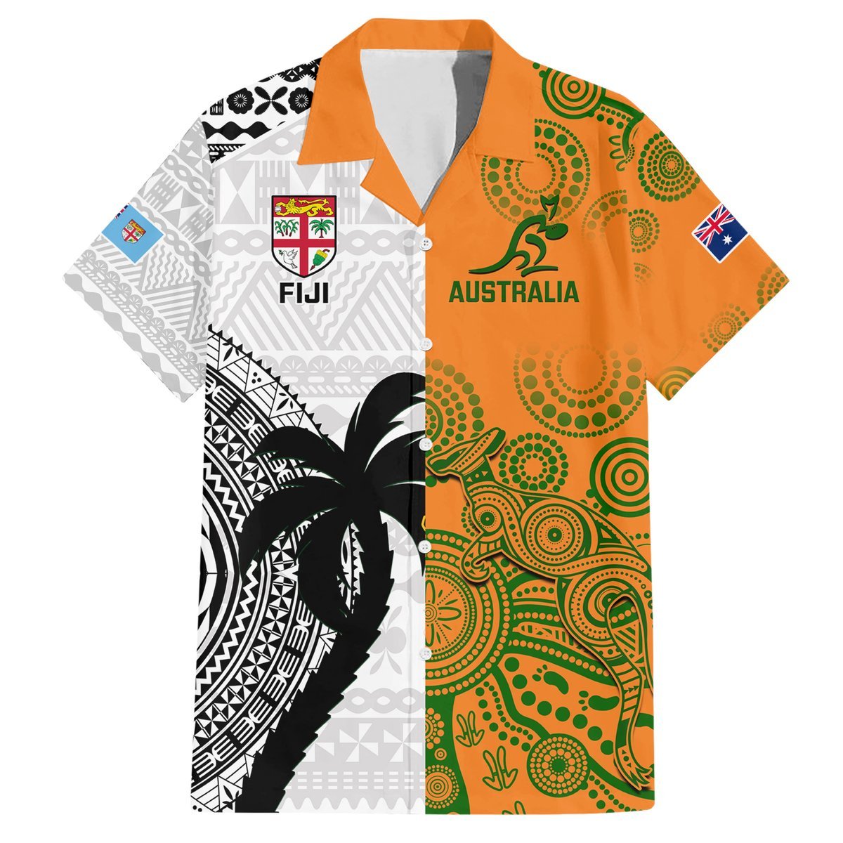 Custom Fiji And Australia Rugby Hawaiian Shirt 2023 World Cup Aboriginal Mix Tapa Pattern LT14 Gold - Polynesian Pride