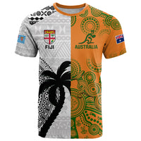 Custom Fiji And Australia Rugby T Shirt 2023 World Cup Aboriginal Mix Tapa Pattern LT14 Gold - Polynesian Pride