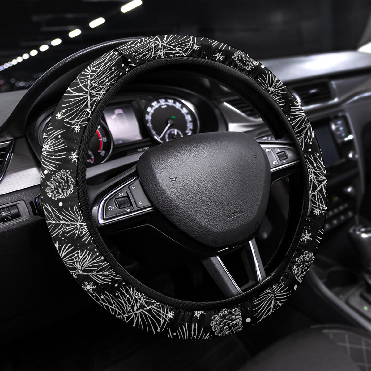 Hawaii Christmas Steering Wheel Cover Tropical Style With Coat Of Arms LT14 Universal Fit Black - Polynesian Pride