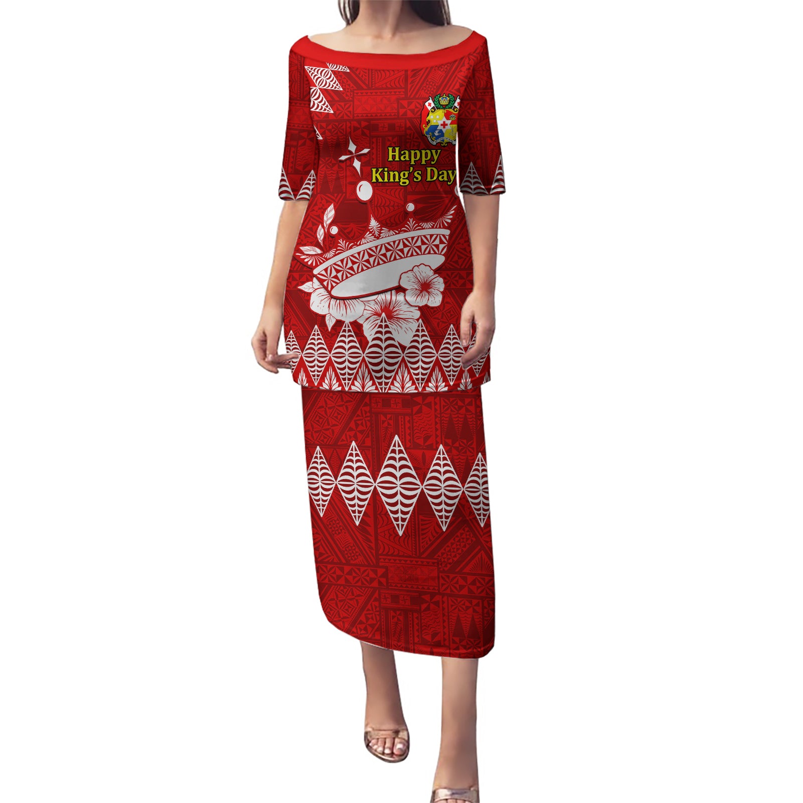 Personalised Tonga King Tupou I Day Puletasi Tongan Ngatu Pattern With Crown LT14 Long Dress Red - Polynesian Pride