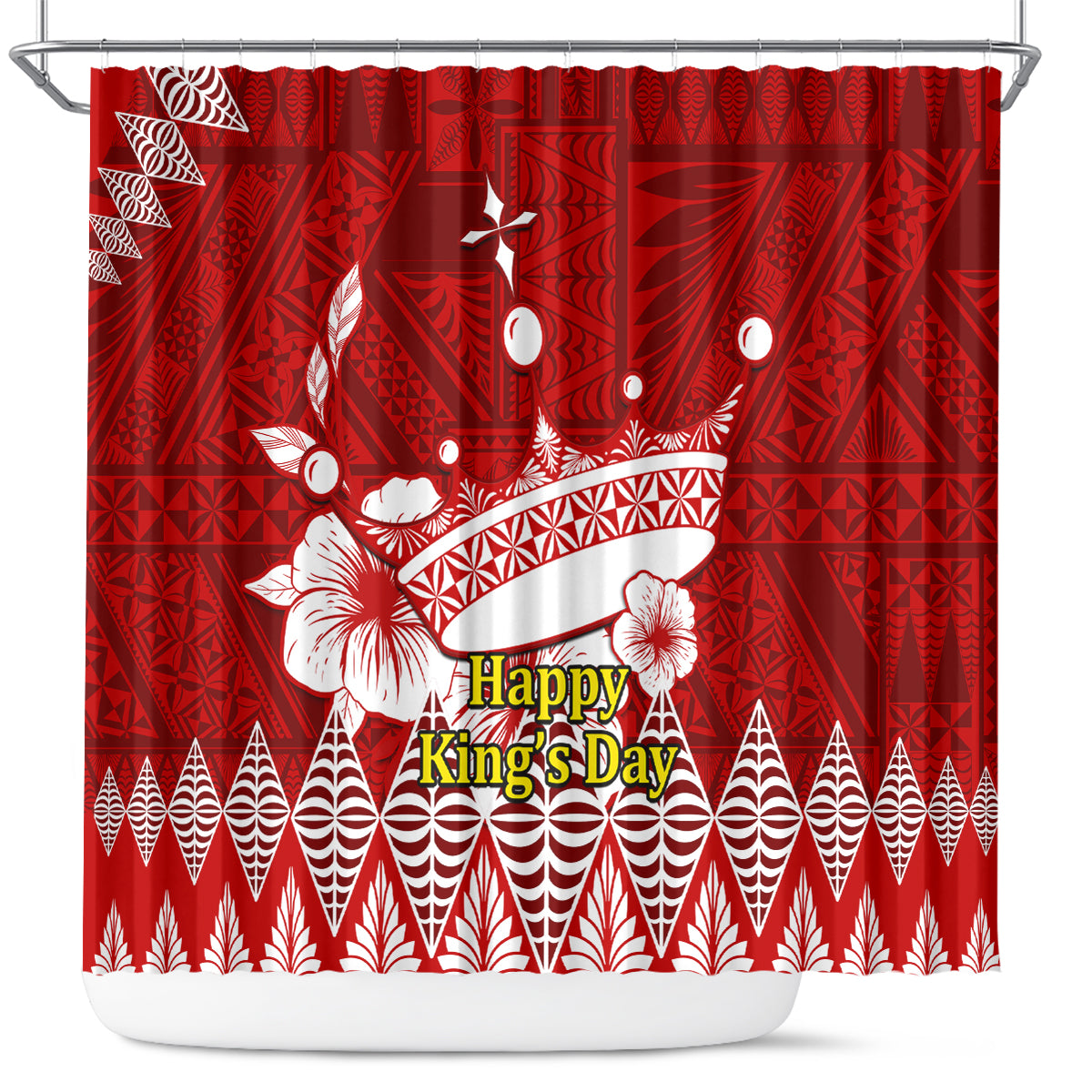 Tonga King Tupou I Day Shower Curtain Tongan Ngatu Pattern With Crown LT14 Red - Polynesian Pride