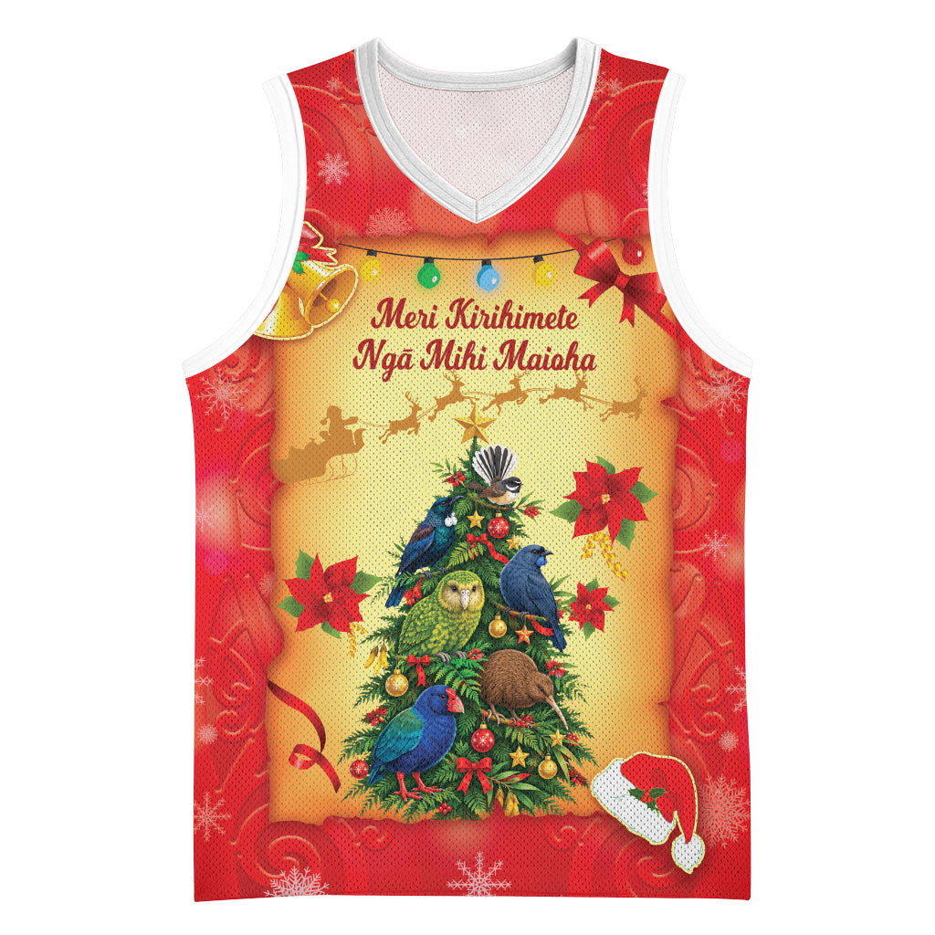 Personalised New Zealand Christmas Basketball Jersey Meri Kirihimete NZ Xmas Tree Animals LT14 Unisex Red - Polynesian Pride