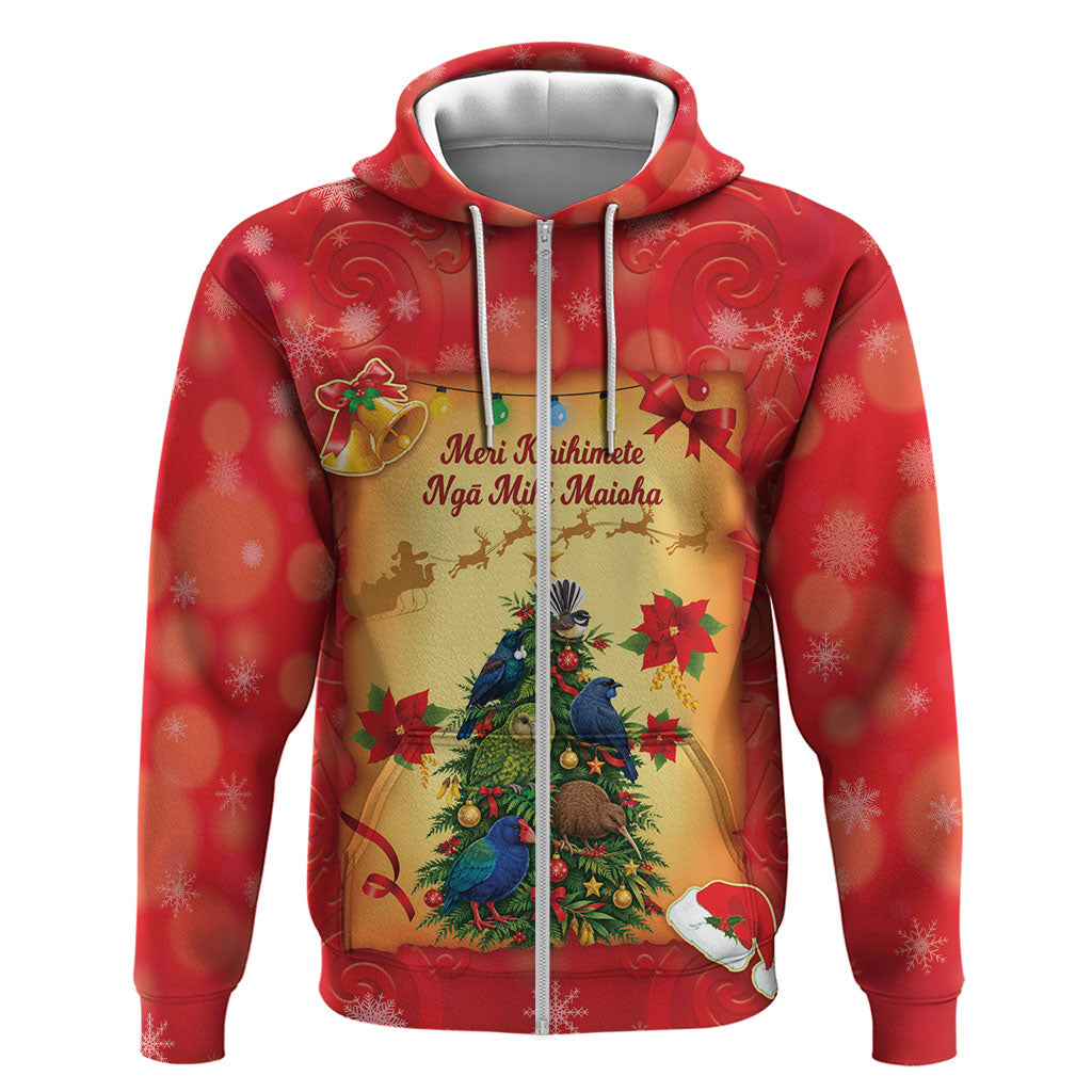 Personalised New Zealand Christmas Hoodie Meri Kirihimete NZ Xmas Tree Animals LT14 Zip Hoodie Red - Polynesian Pride
