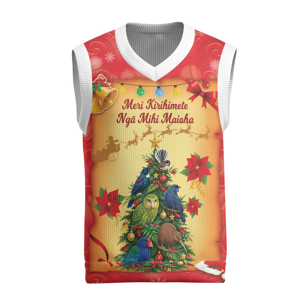 Personalised New Zealand Christmas Knitted V-Neck Vest Meri Kirihimete NZ Xmas Tree Animals LT14 Red - Polynesian Pride