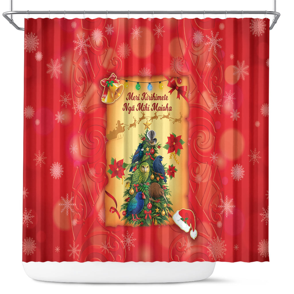 New Zealand Christmas Shower Curtain Meri Kirihimete NZ Xmas Tree Animals LT14 Red - Polynesian Pride
