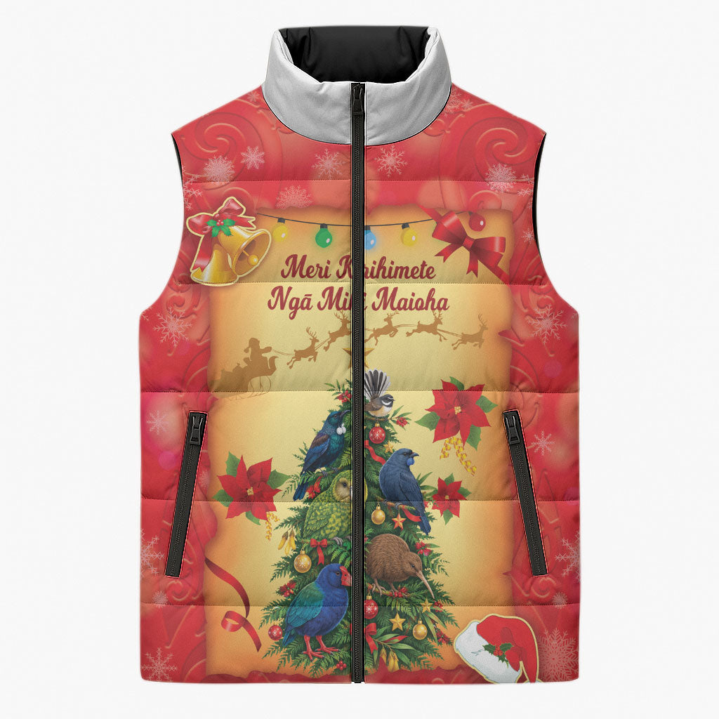 Personalised New Zealand Christmas Sleeveless Puffer Jacket Meri Kirihimete NZ Xmas Tree Animals LT14 Unisex Red - Polynesian Pride