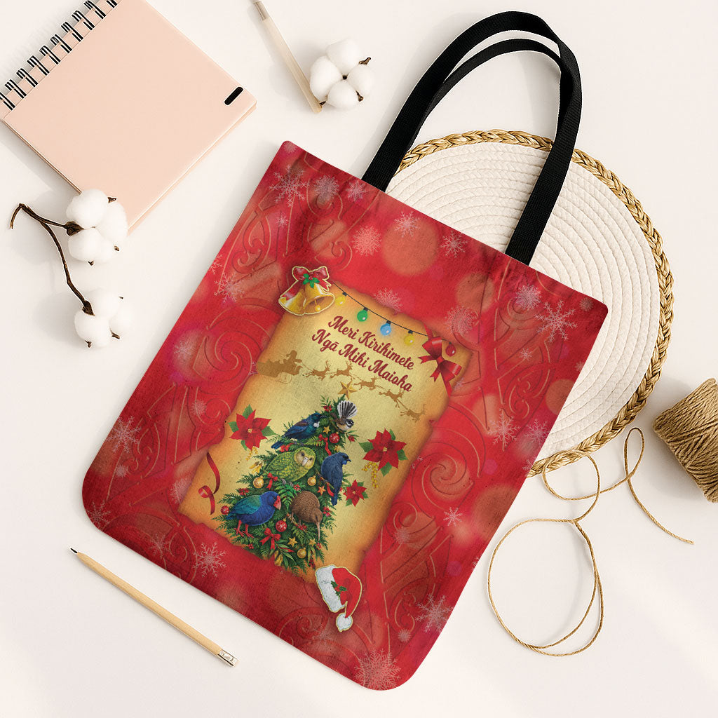 New Zealand Christmas Tote Bag Meri Kirihimete NZ Xmas Tree Animals LT14 Black Strap One Size Red - Polynesian Pride