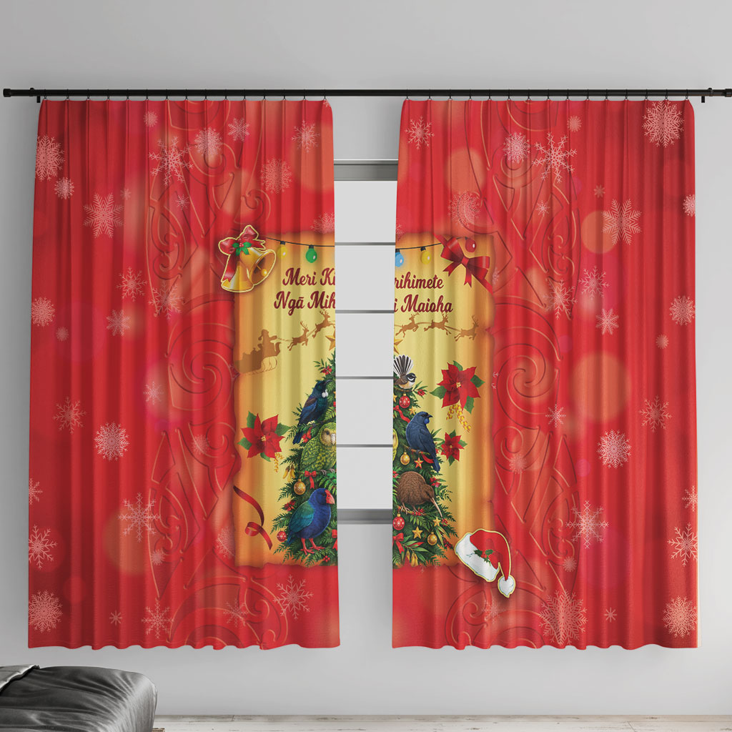 New Zealand Christmas Window Curtain Meri Kirihimete NZ Xmas Tree Animals LT14 With Hooks Red - Polynesian Pride