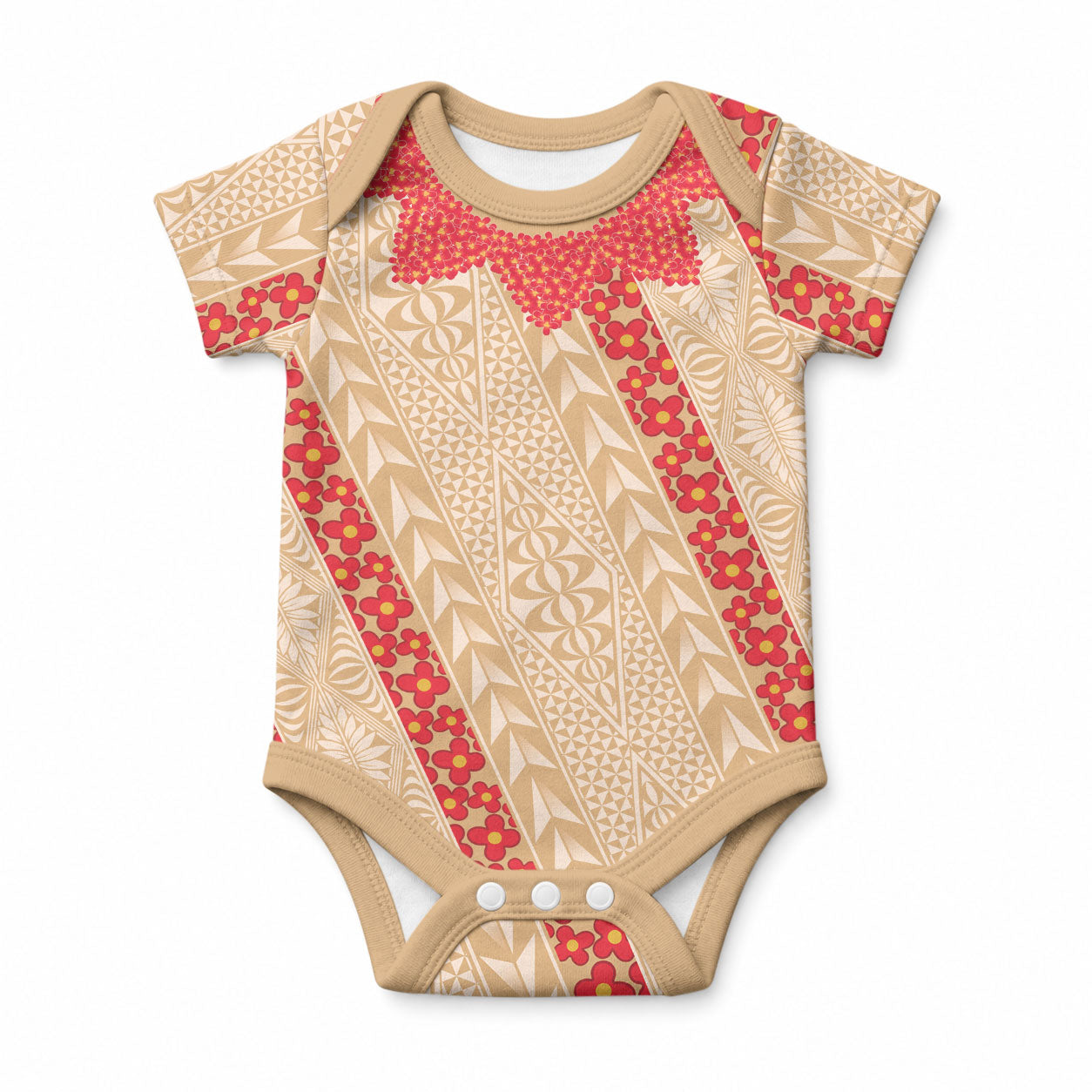 Malo e Lelei Tonga Baby Onesie Heilala Lei Tongan Ngatu Pattern LT14 Beige - Polynesian Pride