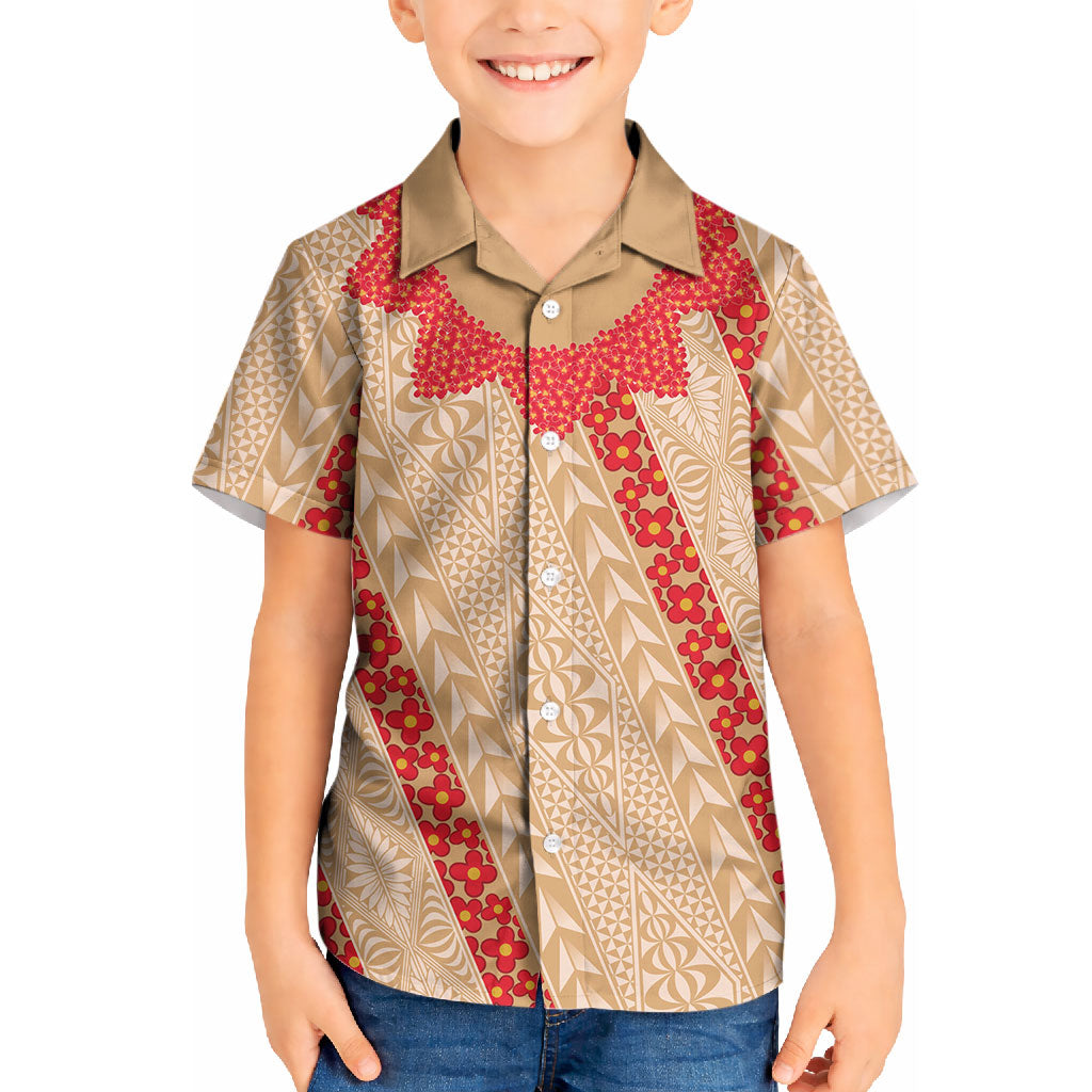 Malo e Lelei Tonga Kid Hawaiian Shirt Heilala Lei Tongan Ngatu Pattern LT14 Kid Beige - Polynesian Pride