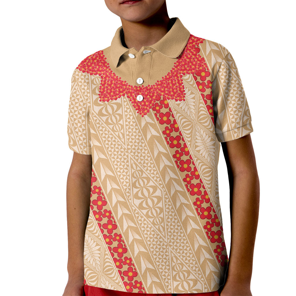 Malo e Lelei Tonga Kid Polo Shirt Heilala Lei Tongan Ngatu Pattern LT14 Kid Beige - Polynesian Pride