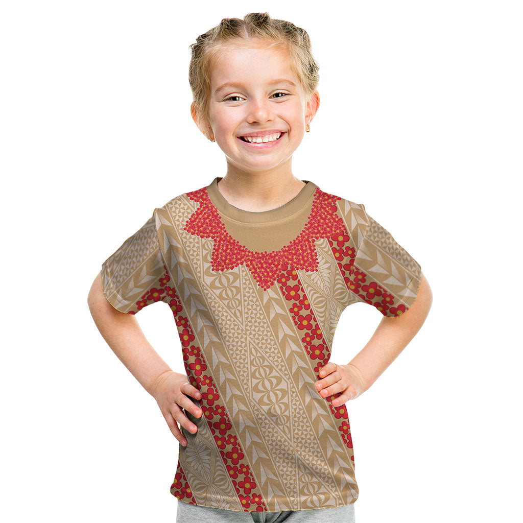 Malo e Lelei Tonga Kid T Shirt Heilala Lei Tongan Ngatu Pattern LT14 Beige - Polynesian Pride