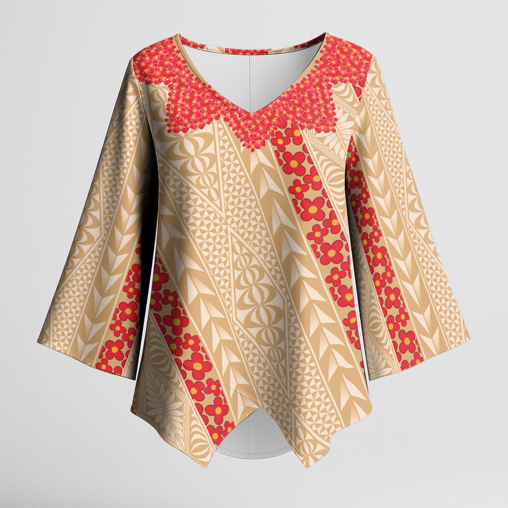 Malo e Lelei Tonga Kimono Sleeve Blouse Heilala Lei Tongan Ngatu Pattern LT14 Female Beige - Polynesian Pride