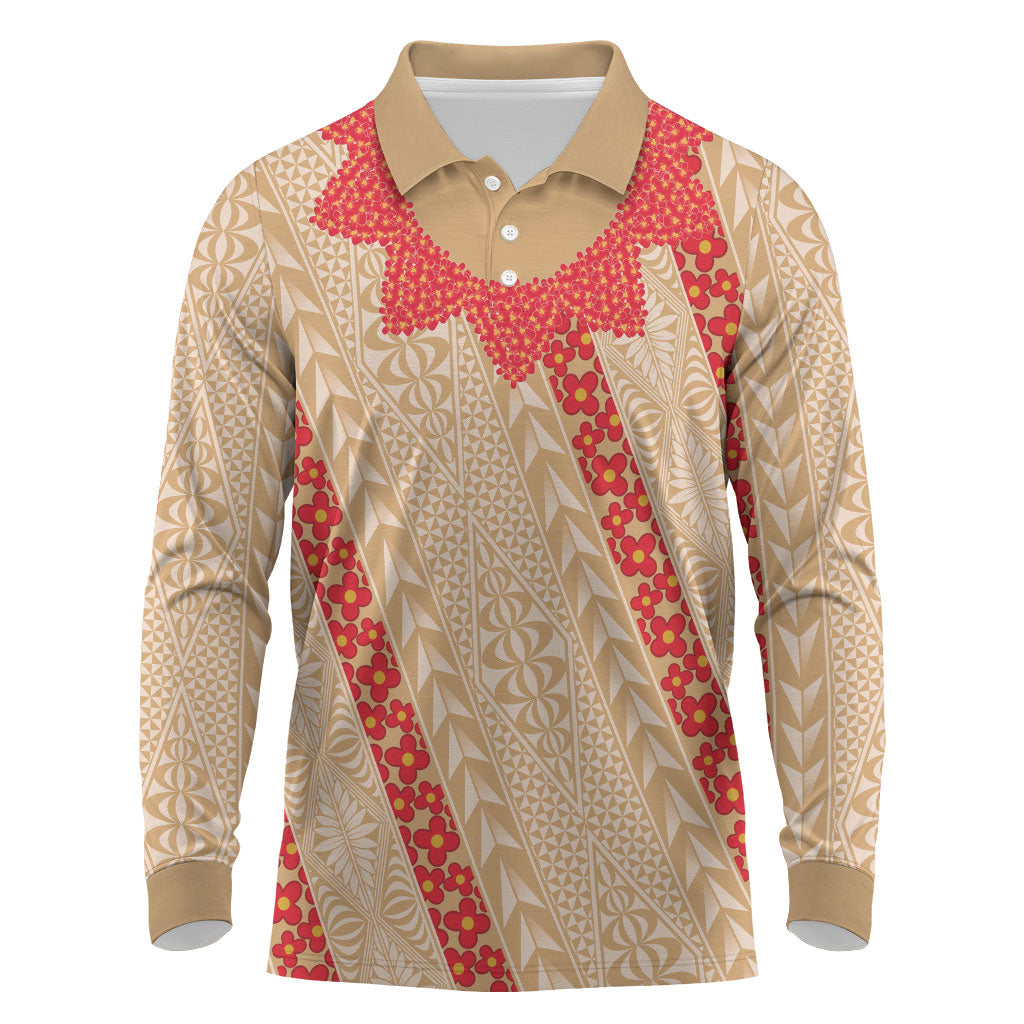 Malo e Lelei Tonga Long Sleeve Polo Shirt Heilala Lei Tongan Ngatu Pattern LT14 Beige - Polynesian Pride
