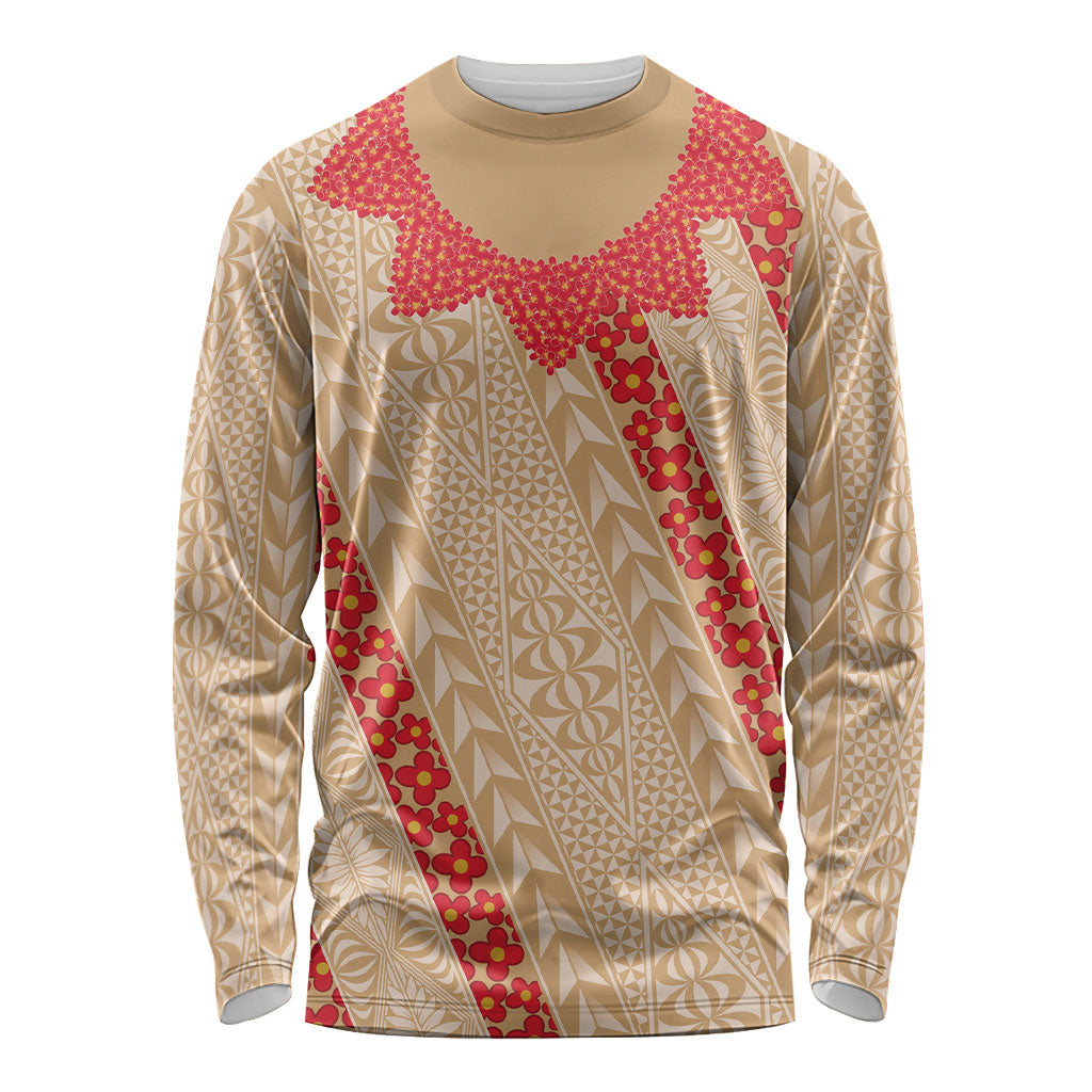 Malo e Lelei Tonga Long Sleeve Shirt Heilala Lei Tongan Ngatu Pattern LT14 Unisex Beige - Polynesian Pride