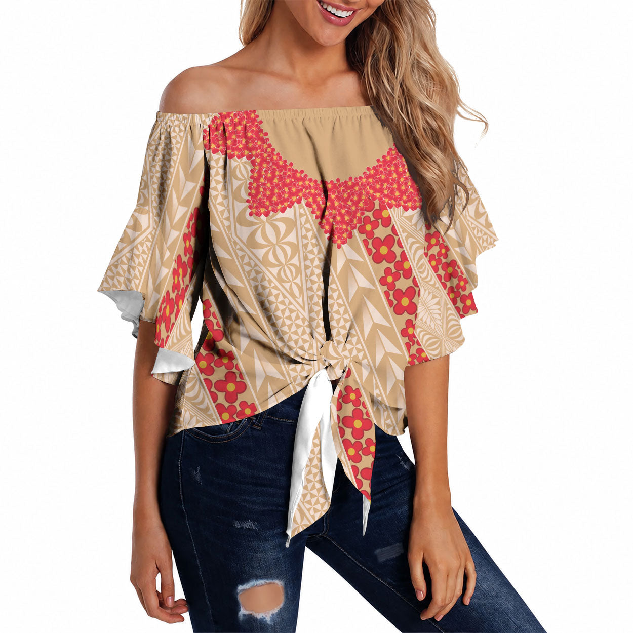 Malo e Lelei Tonga Off Shoulder Wrap Waist Top Heilala Lei Tongan Ngatu Pattern LT14 Beige - Polynesian Pride