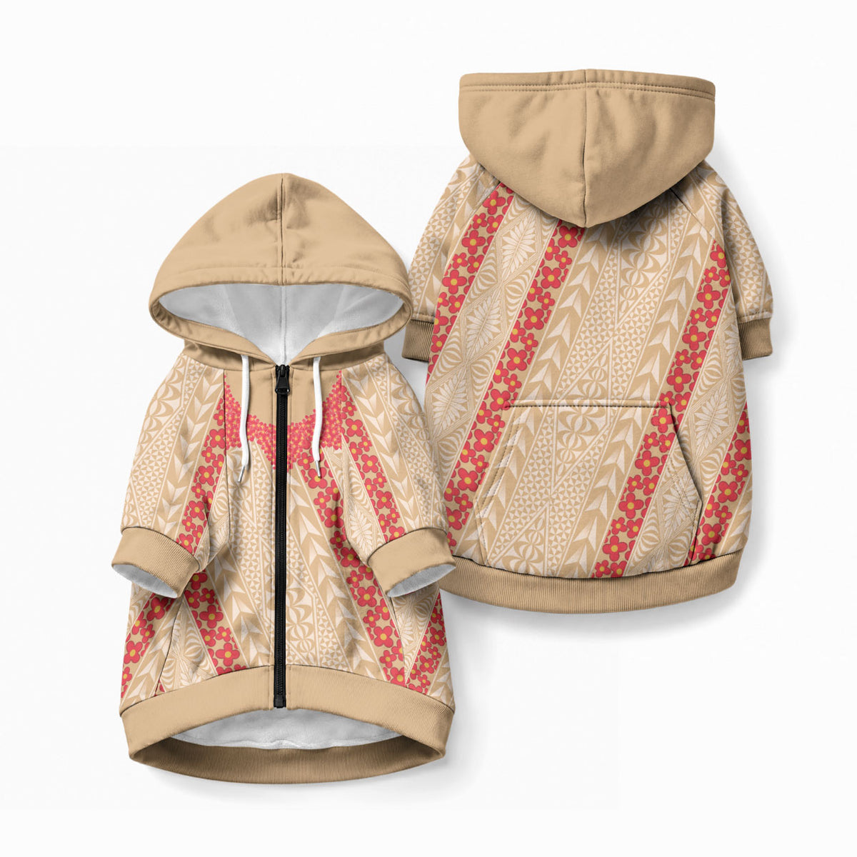 Malo e Lelei Tonga Pet Hoodie Heilala Lei Tongan Ngatu Pattern LT14 Zip-up Beige - Polynesian Pride