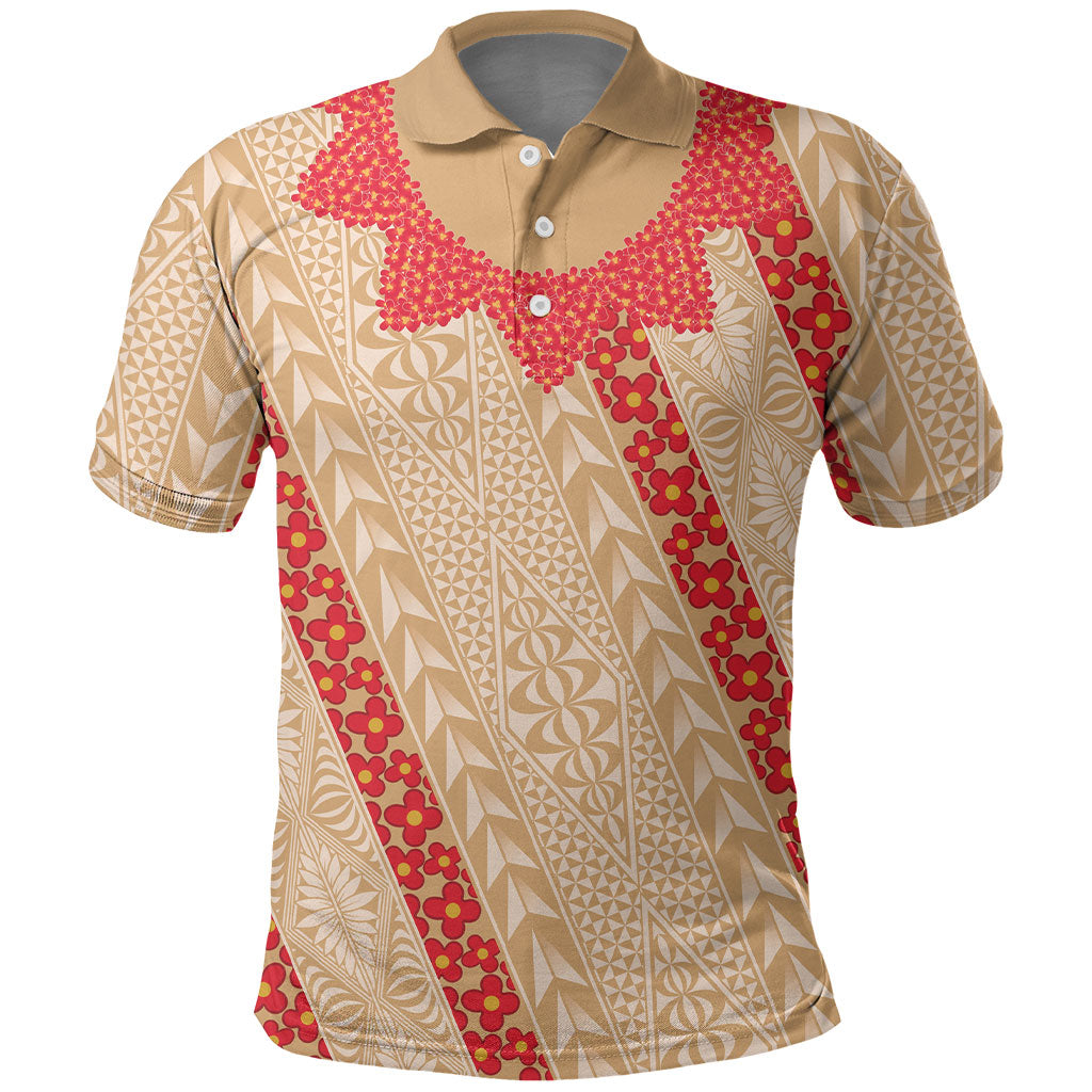 Malo e Lelei Tonga Polo Shirt Heilala Lei Tongan Ngatu Pattern LT14 Beige - Polynesian Pride