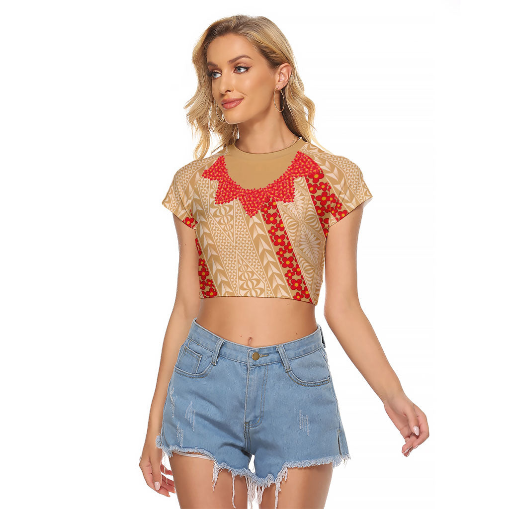 Malo e Lelei Tonga Raglan Cropped T Shirt Heilala Lei Tongan Ngatu Pattern LT14 Female Beige - Polynesian Pride