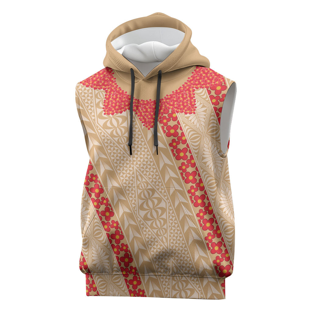 Malo e Lelei Tonga Sleeveless Hoodie Heilala Lei Tongan Ngatu Pattern LT14 Beige - Polynesian Pride