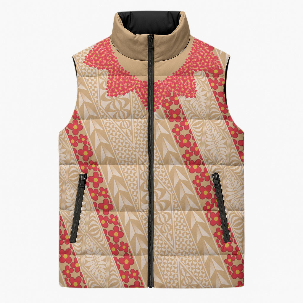 Malo e Lelei Tonga Sleeveless Puffer Jacket Heilala Lei Tongan Ngatu Pattern LT14 Unisex Beige - Polynesian Pride