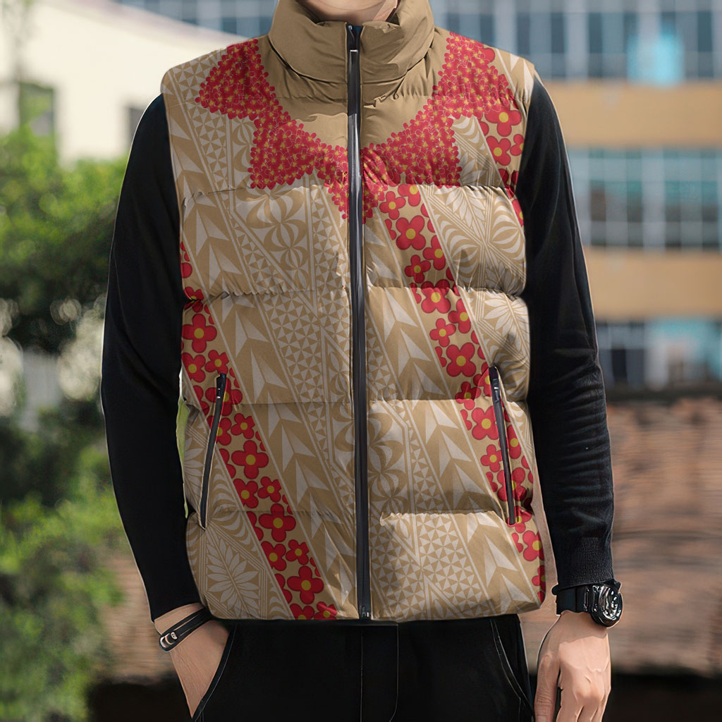 Malo e Lelei Tonga Sleeveless Puffer Jacket Heilala Lei Tongan Ngatu Pattern