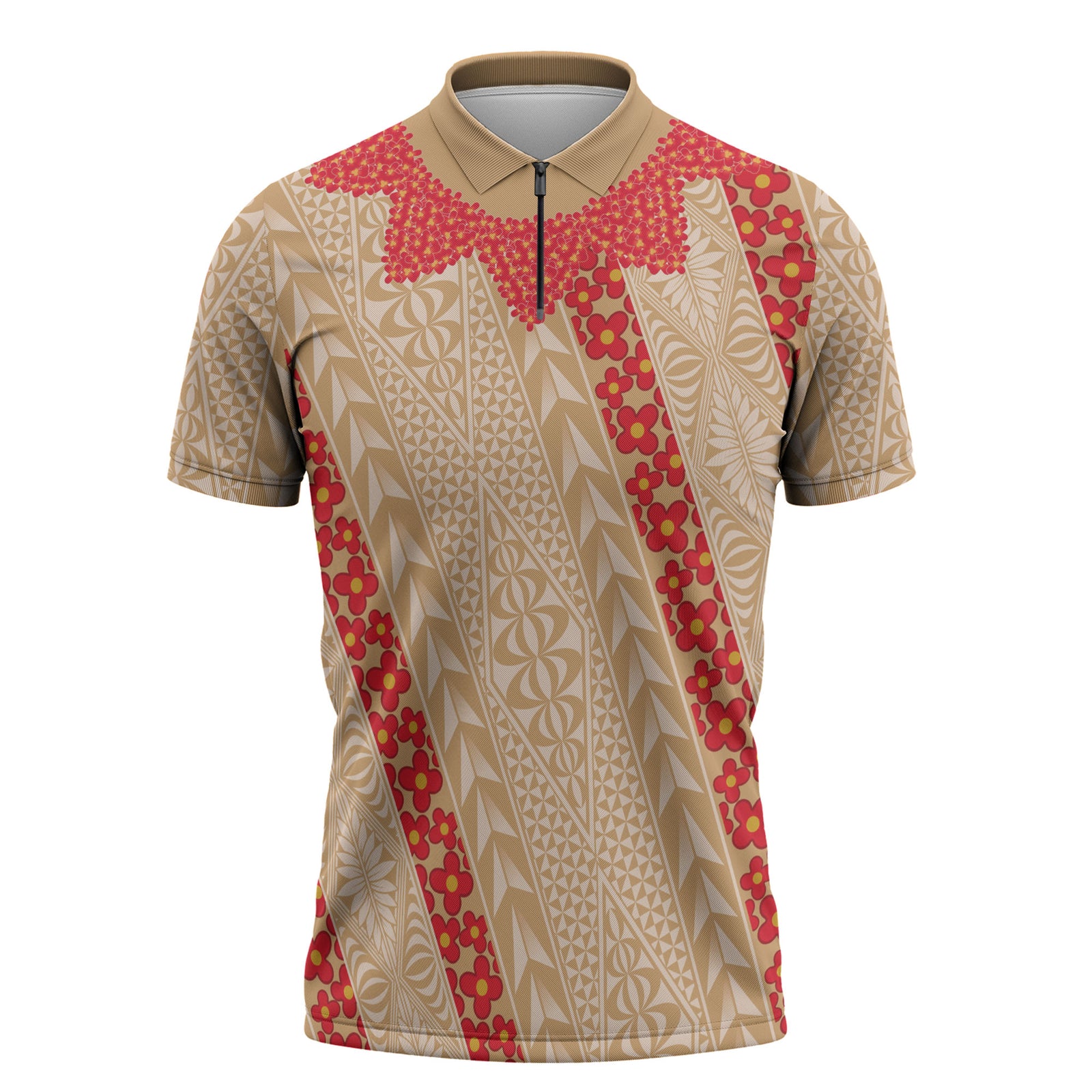 Malo e Lelei Tonga Zipper Polo Shirt Heilala Lei Tongan Ngatu Pattern LT14 Beige - Polynesian Pride