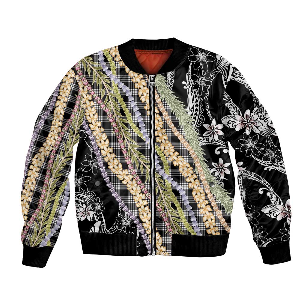 Black Palaka Hawaii Leis Bomber Jacket Hawaiian-plaid Elegant Tropical Vibes LT14 Unisex Black - Polynesian Pride