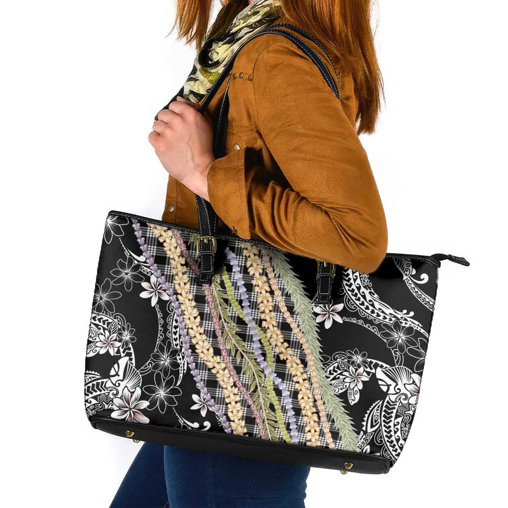 Black Palaka Hawaii Leis Leather Tote Bag Hawaiian-plaid Elegant Tropical Vibes LT14 Black - Polynesian Pride