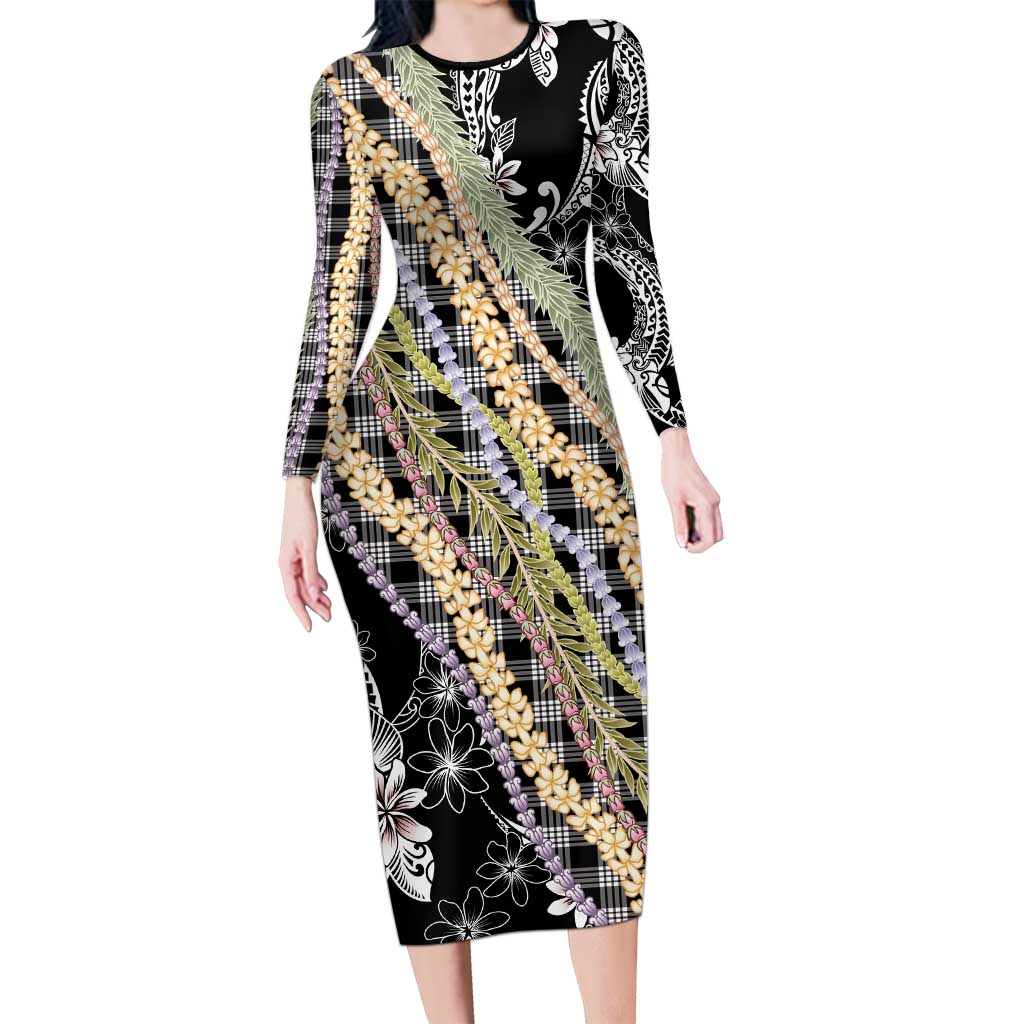 Black Palaka Hawaii Leis Long Sleeve Bodycon Dress Hawaiian-plaid Elegant Tropical Vibes LT14 Long Dress Black - Polynesian Pride