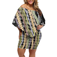 Black Palaka Hawaii Leis Off Shoulder Short Dress Hawaiian-plaid Elegant Tropical Vibes LT14 Women Black - Polynesian Pride