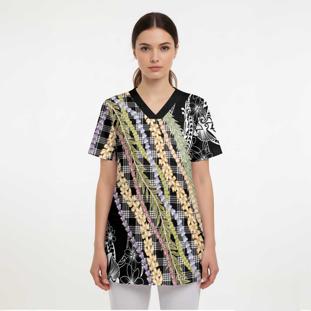 Black Palaka Hawaii Leis Scrub Top Hawaiian-plaid Elegant Tropical Vibes LT14 - Polynesian Pride