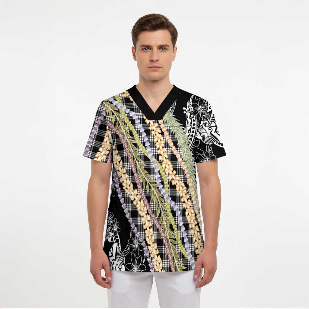 Black Palaka Hawaii Leis Scrub Top Hawaiian-plaid Elegant Tropical Vibes LT14 - Polynesian Pride