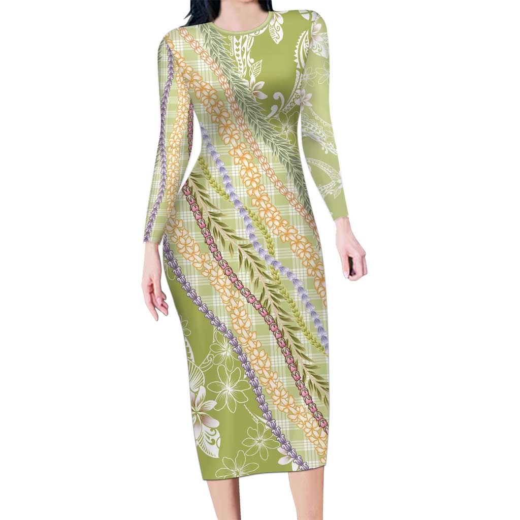 Green Palaka Hawaii Leis Long Sleeve Bodycon Dress Hawaiian-plaid Elegant Tropical Vibes LT14 Long Dress Green - Polynesian Pride