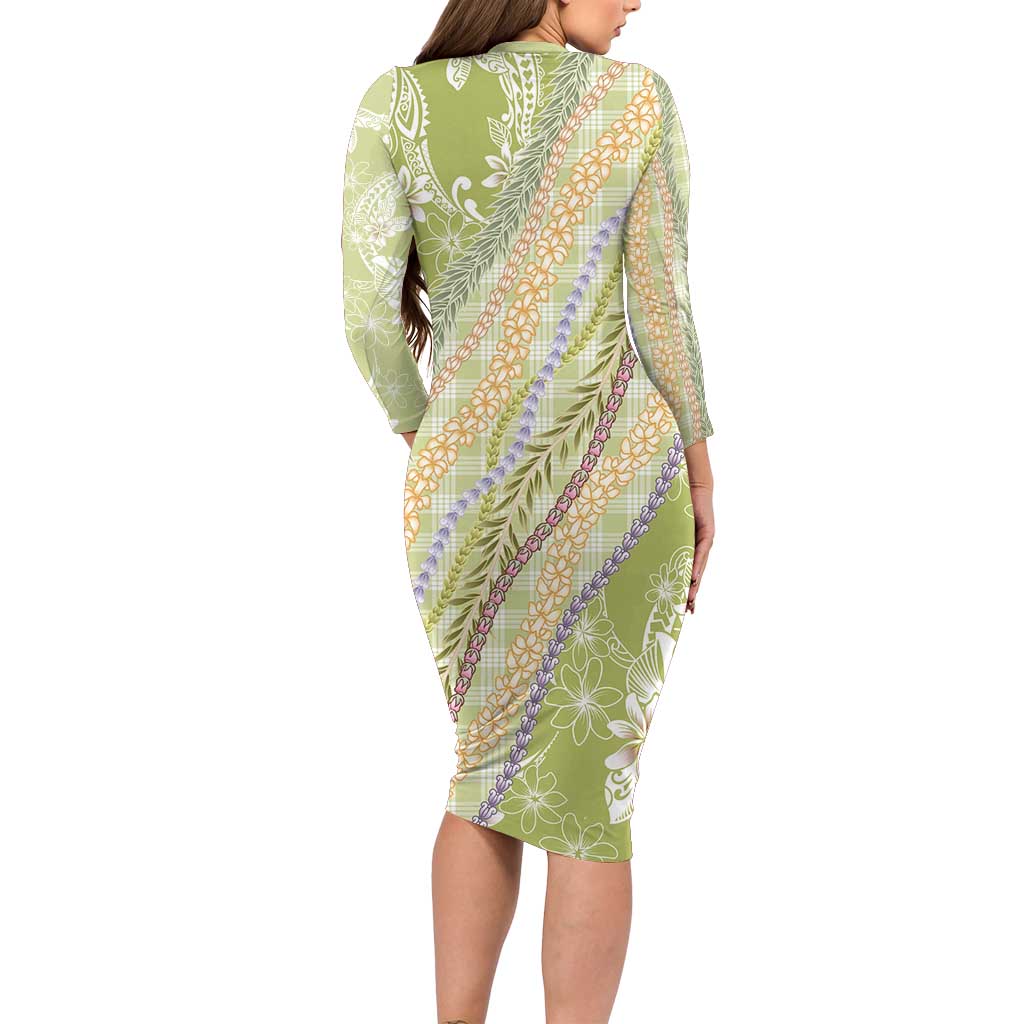 Green Palaka Hawaii Leis Long Sleeve Bodycon Dress Hawaiian-plaid Elegant Tropical Vibes LT14 - Polynesian Pride