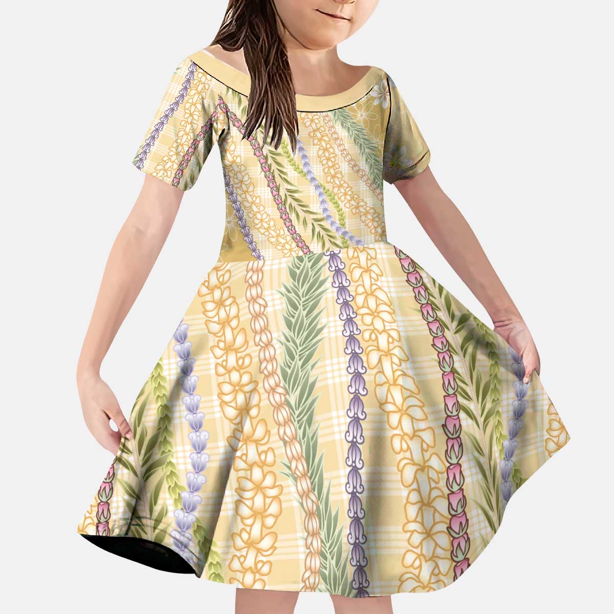 Yellow Palaka Hawaii Leis Kid Short Sleeve Dress Hawaiian-plaid Elegant Tropical Vibes LT14 KID Yellow - Polynesian Pride