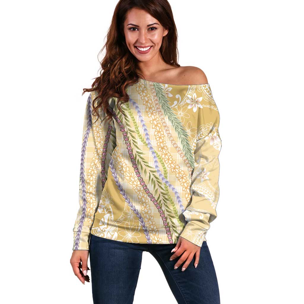 Yellow Palaka Hawaii Leis Off Shoulder Sweater Hawaiian-plaid Elegant Tropical Vibes LT14 Women Yellow - Polynesian Pride