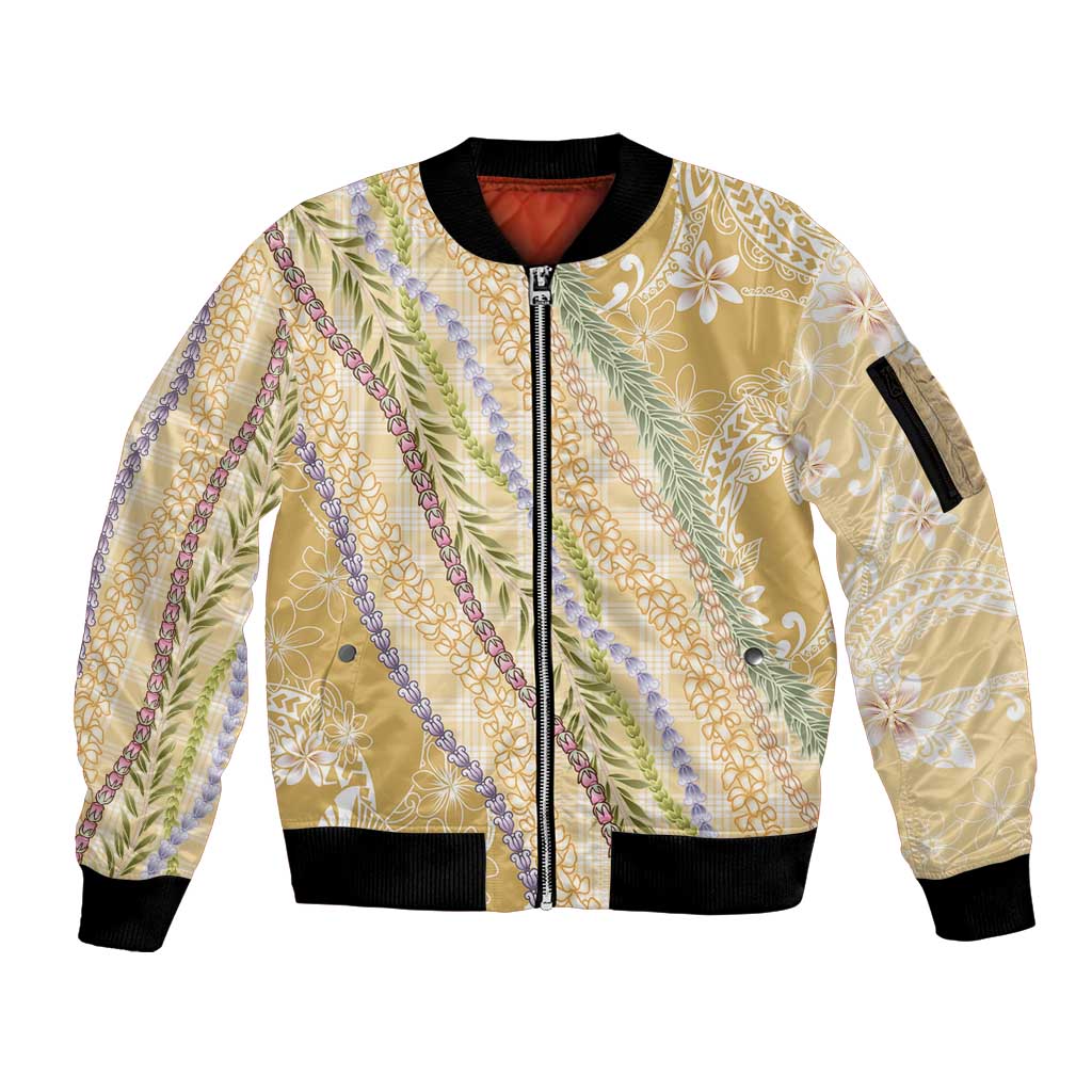 Yellow Palaka Hawaii Leis Sleeve Zip Bomber Jacket Hawaiian-plaid Elegant Tropical Vibes LT14 Unisex Yellow - Polynesian Pride