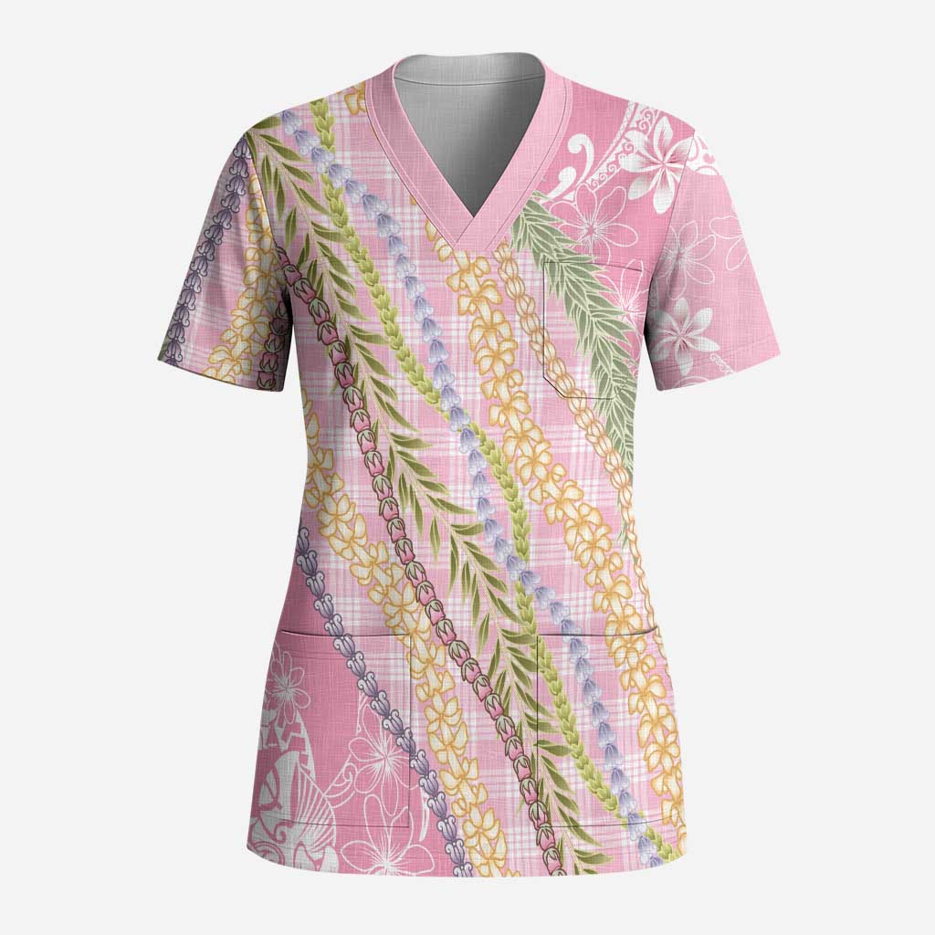 Pink Palaka Hawaii Leis Scrub Top Hawaiian-plaid Elegant Tropical Vibes LT14 Adult Pink - Polynesian Pride