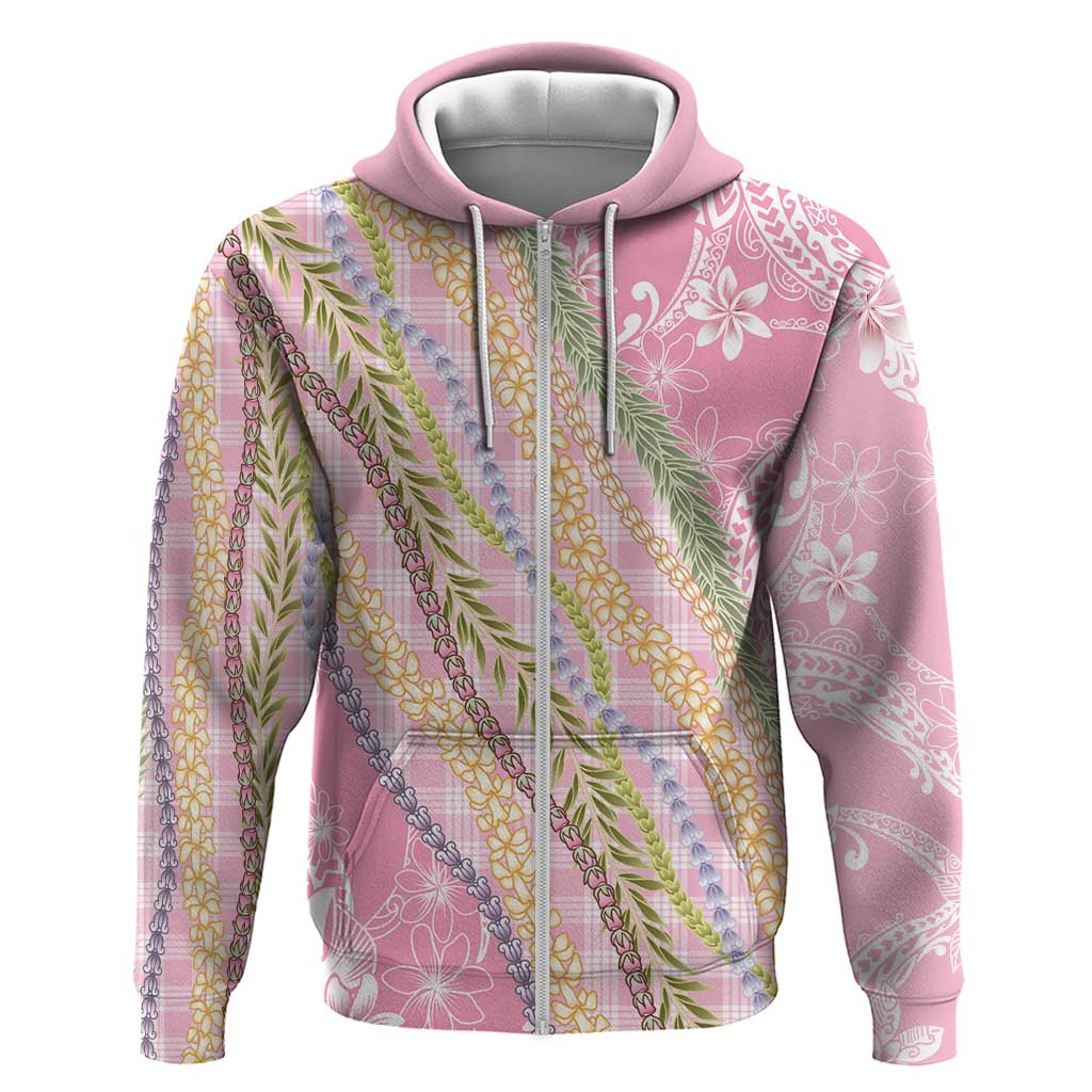 Pink Palaka Hawaii Leis Zip Hoodie - Hawaiian Plaid Elegant Tropical Vibes LT14 Zip Hoodie Pink - Polynesian Pride
