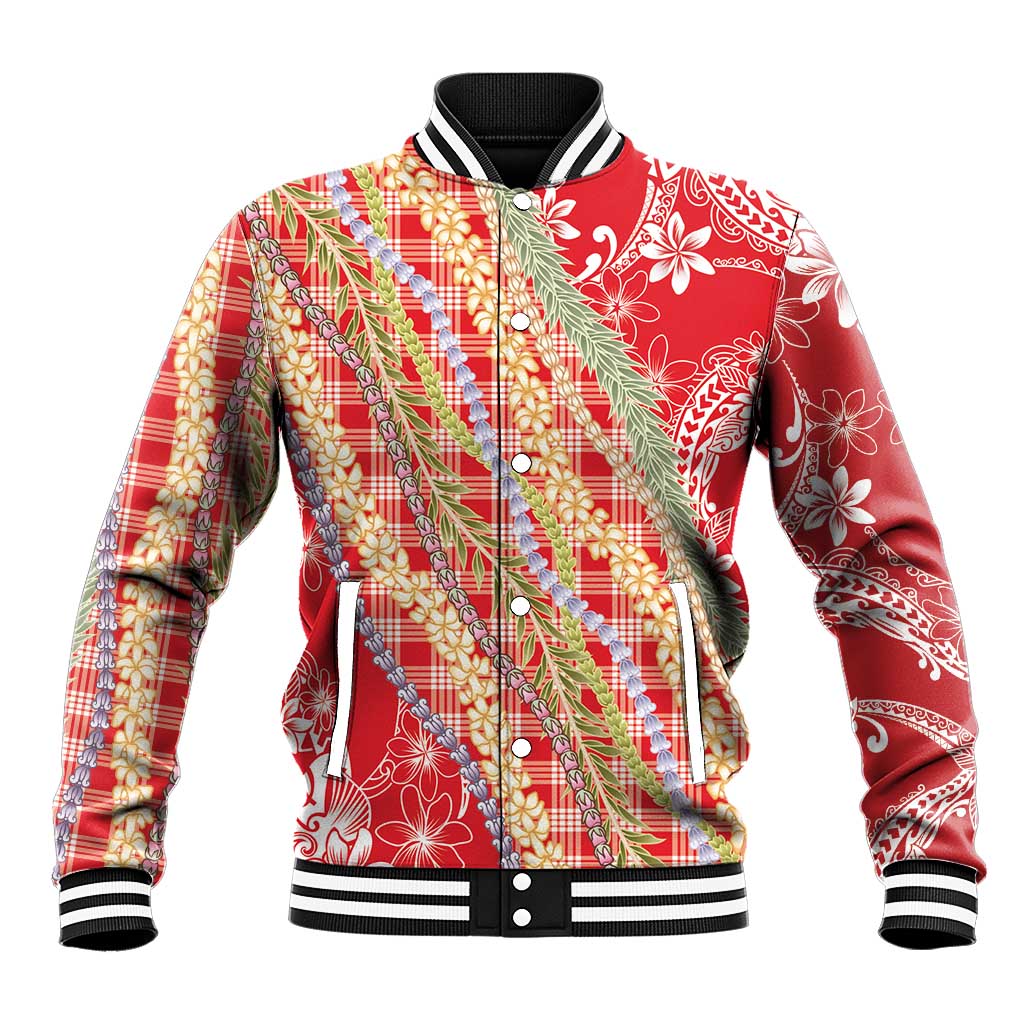 Red Palaka Hawaii Leis Baseball Jacket Hawaiian-plaid Elegant Tropical Vibes LT14 Unisex Red - Polynesian Pride