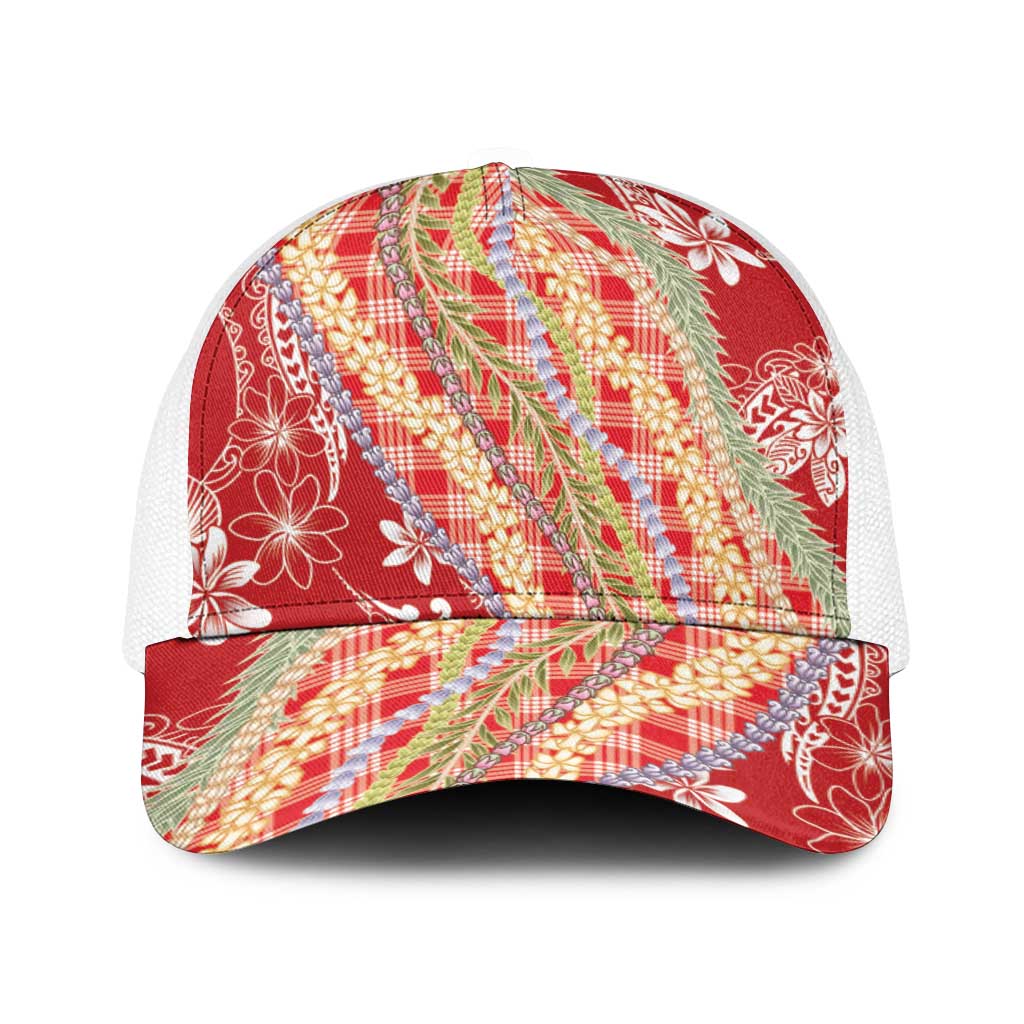 Red Palaka Hawaii Leis Baseball Net Cap Hawaiian-plaid Elegant Tropical Vibes LT14 One Size White Red - Polynesian Pride