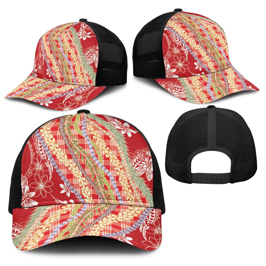 Red Palaka Hawaii Leis Baseball Net Cap Hawaiian-plaid Elegant Tropical Vibes LT14 - Polynesian Pride