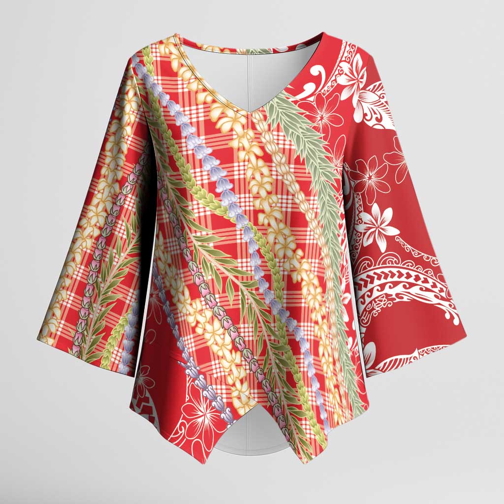 Red Palaka Hawaii Leis Kimono Sleeve Blouse - Hawaiian Plaid Elegant Tropical Vibes LT14 Female Red - Polynesian Pride