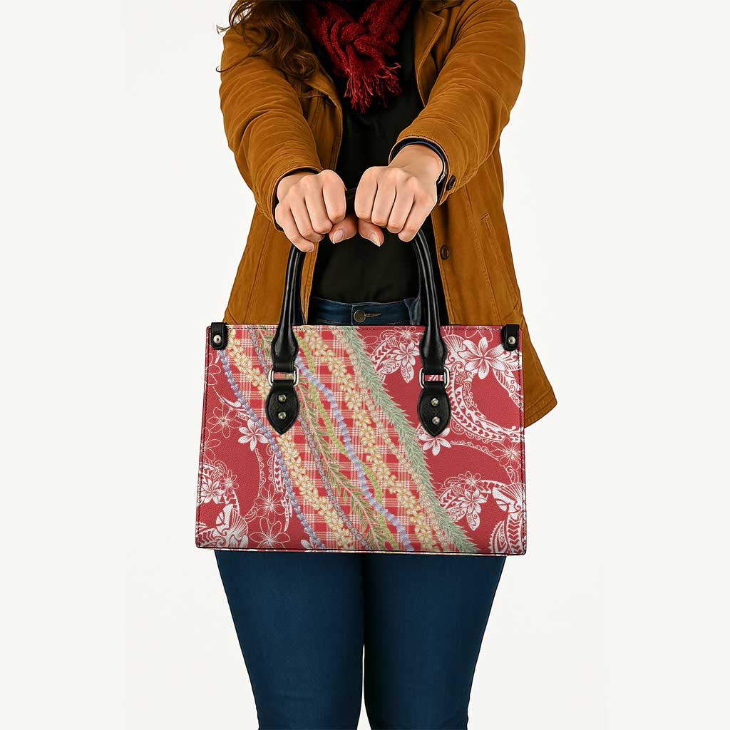 Red Palaka Hawaii Leis Leather Bag Hawaiian-plaid Elegant Tropical Vibes LT14 - Polynesian Pride