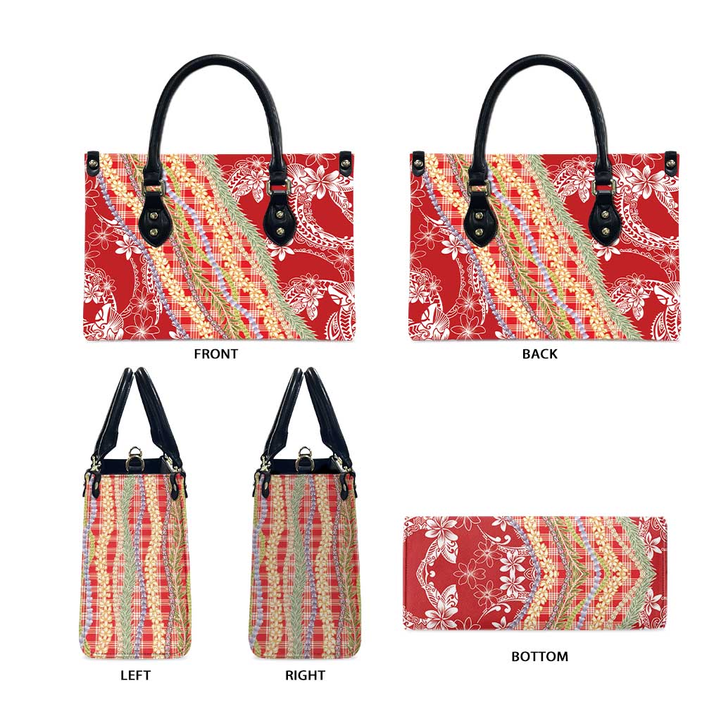 Red Palaka Hawaii Leis Leather Bag Hawaiian-plaid Elegant Tropical Vibes LT14 - Polynesian Pride