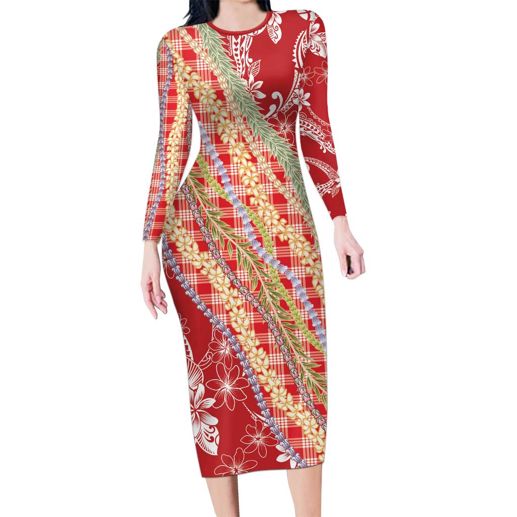 Red Palaka Hawaii Leis Long Sleeve Bodycon Dress Hawaiian-plaid Elegant Tropical Vibes LT14 Long Dress Red - Polynesian Pride